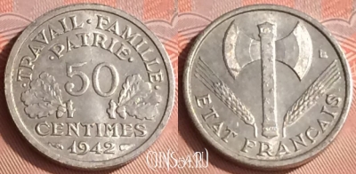 Франция 50 сантимов 1942 года, KM# 914, 320o-064