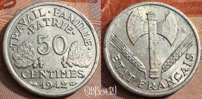 Франция 50 сантимов 1942 года, KM# 914, 347s-009