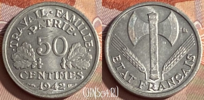 Франция 50 сантимов 1942 года, KM# 914, 371p-085 ♛