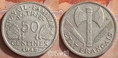 Франция 50 сантимов 1942 года, KM# 914, 419o-129 ♛
