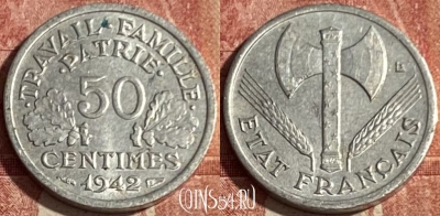 Франция 50 сантимов 1942 года, KM# 914, 424p-096 ♛
