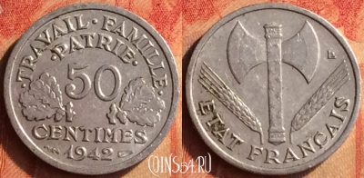 Франция 50 сантимов 1942 года, KM# 914, 440o-127