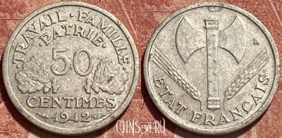 Франция 50 сантимов 1942 года, KM# 914, 461q-471 ♛