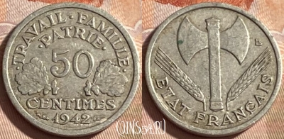 Франция 50 сантимов 1942 года, KM# 914, 490р-078 ♛