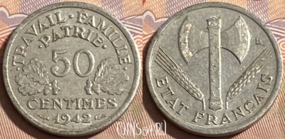 Франция 50 сантимов 1942 года, KM# 914, 497р-010 ♛