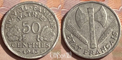 Франция 50 сантимов 1943 года, KM# 914, 259q-134 ♛