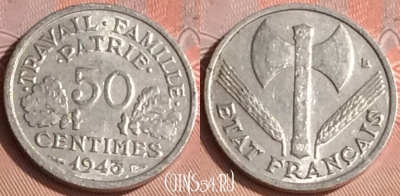 Франция 50 сантимов 1943 года, KM# 914, 311o-084