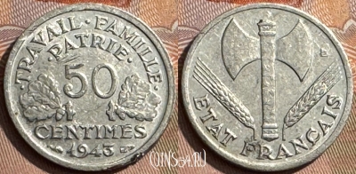Франция 50 сантимов 1943 года, KM# 914, 312s-042