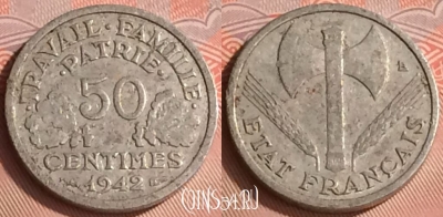 Франция 50 сантимов 1943 года, KM# 914, 318o-033