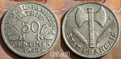 Франция 50 сантимов 1943 года, KM# 914, 383s-059 ♛