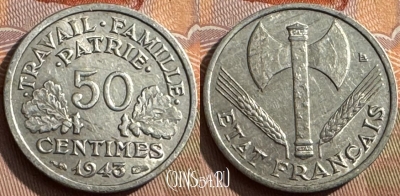 Франция 50 сантимов 1943 года, KM# 914, 383s-095