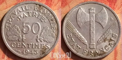 Франция 50 сантимов 1943 года, KM# 914, 437o-037