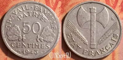 Франция 50 сантимов 1943 года, KM# 914, 438o-141