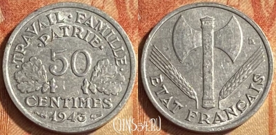 Франция 50 сантимов 1943 года, KM# 914, 447o-099