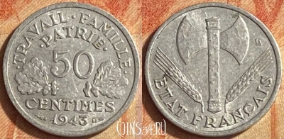 Франция 50 сантимов 1943 года, KM# 914, 447o-125
