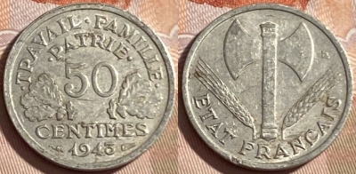 Франция 50 сантимов 1943 года, KM# 914, 490р-070