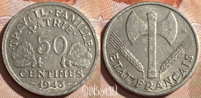 Франция 50 сантимов 1943 года, KM# 914, 490р-074 ♛