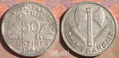 Франция 50 сантимов 1944 года, KM# 894a, 197a-134