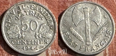 Франция 50 сантимов 1944 года, KM# 914, 119s-050 ♛