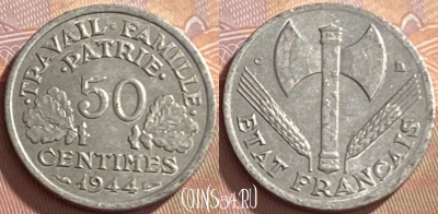 Франция 50 сантимов 1944 C, редкая, KM# 914, 216p-094 ♛