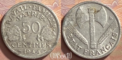 Франция 50 сантимов 1944 C, редкая, KM# 914, 216p-137 ♛