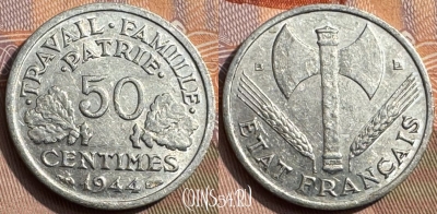 Франция 50 сантимов 1944 B, KM# 914, 346s-024