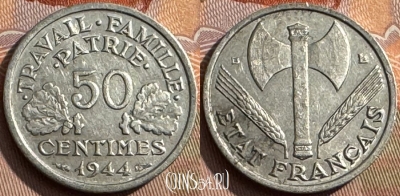Франция 50 сантимов 1944 B, KM# 914, 383s-087