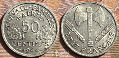 Франция 50 сантимов 1944 года, KM# 914, 404s-022