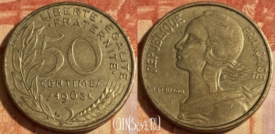 Франция 50 сантимов 1963 года, KM# 939, 463q-109 ♛