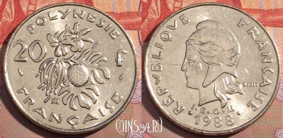 Французская Полинезия 20 франков 1988 г., KM# 9, 105c-083 ♛
