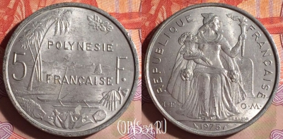 Французская Полинезия 5 франков 1975 г., KM# 12, 274f-123