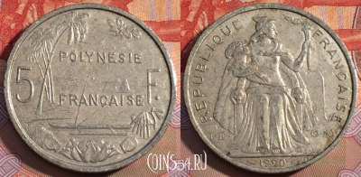 Французская Полинезия 5 франков 1990 г., KM# 12, 108c-100