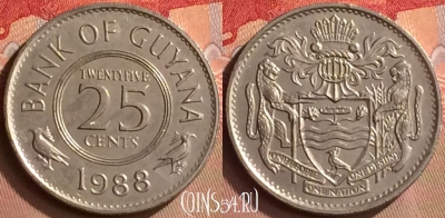 Гайана 25 центов 1988 года, KM# 34, 422-064