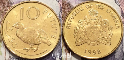 Гамбия 10 бутутов 1998 года, KM# 56, UNC, 135-014