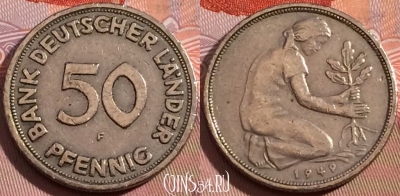 Германия (ФРГ) 50 пфеннигов 1949 года F, KM# 104, 106b-095