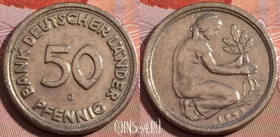 Германия (ФРГ) 50 пфеннигов 1949 года G, KM# 104, 106b-092