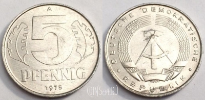 Германия (ГДР) 5 пфеннигов 1975 года, KM# 9.1, 080-038b