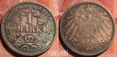 Германия (Империя) 1 марка 1908 J, Ag, KM# 14, 070b-070