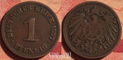Германия (Империя) 1 пфенниг 1907 D, KM# 10, 225i-020