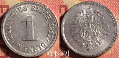 Германия (Империя) 1 пфенниг 1917 г. F, KM# 24, 167j-063