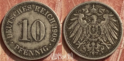 Германия (Империя) 10 пфеннигов 1908 D, KM# 12, 339q-102
