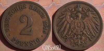 Германия (Империя) 2 пфеннига 1916 г. D, KM# 16, 052i-180