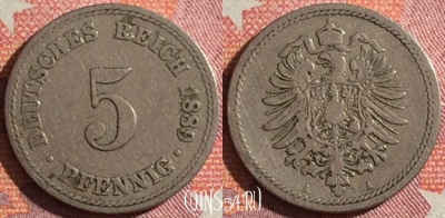 Германия (Империя) 5 пфеннигов 1889 A, KM# 3, 350-027