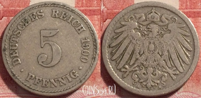 Германия (Империя) 5 пфеннигов 1900 A, KM# 11, 258-027