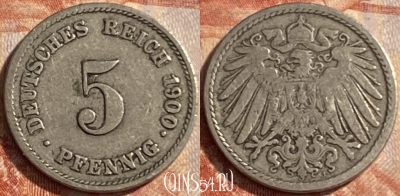 Германия (Империя) 5 пфеннигов 1900 J, KM# 11, 487р-099