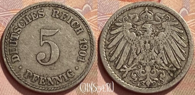 Германия (Империя) 5 пфеннигов 1901 A, KM# 11, 349q-126
