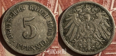 Германия (Империя) 5 пфеннигов 1908 D, KM# 11, 505s-011