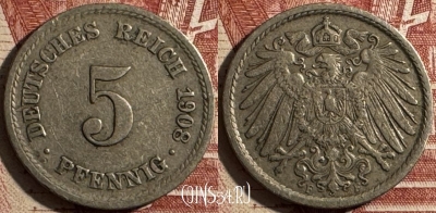Германия (Империя) 5 пфеннигов 1908 F, KM# 11, 505s-013