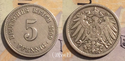 Германия (Империя) 5 пфеннигов 1909 года, А, KM# 11, 162-108
