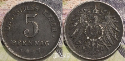 Германия (Империя) 5 пфеннигов 1917 года, KM 19, 118-139